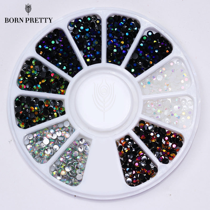 1 Box 2mm AB Crystal Nail Rhinestones Round Flat Bottom 3D Decoration In Wheel Manicure Nail Art Studs 5 Colors