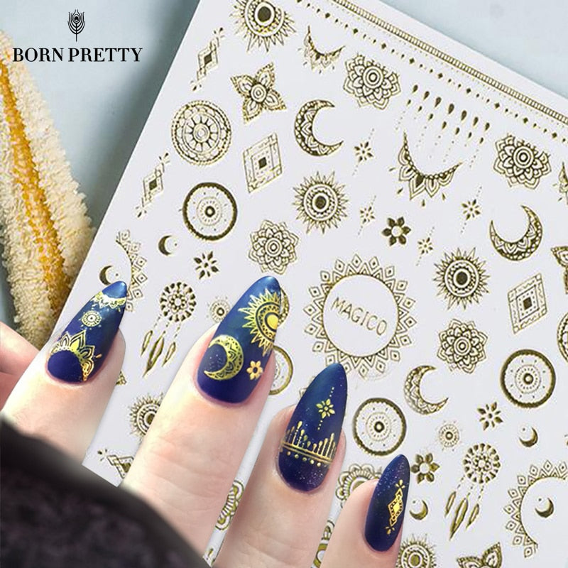 1 Sheet Ultrathin 3D Nail Stickers Star/Moon Image Transfer Decal Gold Color 10.3*8cm Adhesive Nail Art Decorations