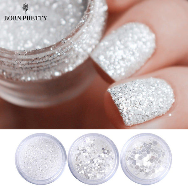 10ml/Box Nail Glitters Powder Nails Tips White Silver Powder Dust 1mm & 2mm & 3mm Mixed Manicure Nail Art Decorations