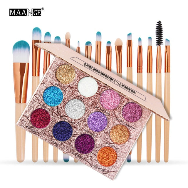 12 Colors Glittery Eyeshadow Palette +15Pcs Makeup Brushes Diamond Pressed Shiny Pigmented Eyes Shadow  Make Up Set
