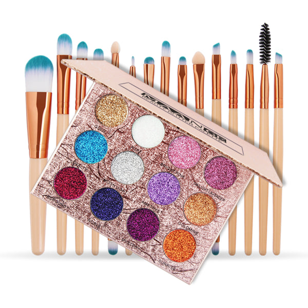 12 Colors Glittery Eyeshadow Palette +15Pcs Makeup Brushes Diamond Pressed Shiny Pigmented Eyes Shadow  Make Up Set