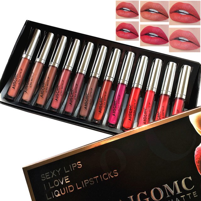 Women's Fashion 12PCS New Fashion Waterproof Matte Liquid Lipstick Cosmetic Sexy Lip Gloss Kit