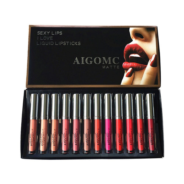 Women's Fashion 12PCS New Fashion Waterproof Matte Liquid Lipstick Cosmetic Sexy Lip Gloss Kit