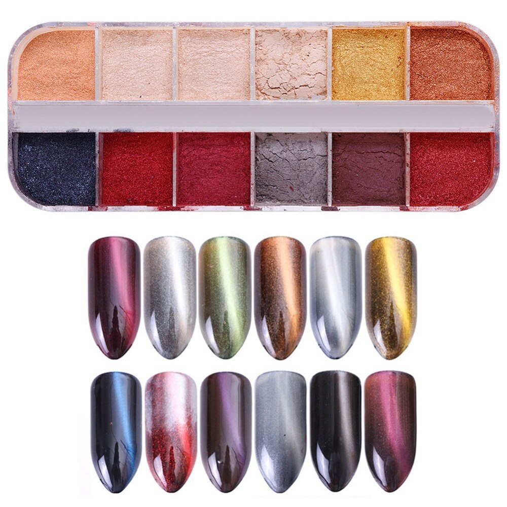 3D poudre magnétique pour les yeux de chat mélangée 12 couleurs/étui poudre magique poussière décoration manucure Nail Art Pigment #287669