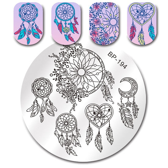 BORN PRETTY Round Nail Stamping Plate Geometry Catcher Feather Ballet Swan Dream Flower Manicure Nail Art Image Template