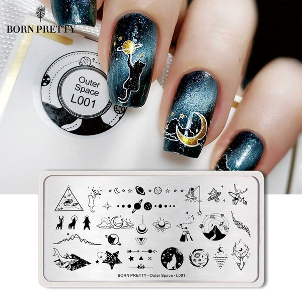 BORN PRETTY Space Series Nail Stamping Plates Moon Star Rectangle Nail Art Template Manicure Stencil Tools Outer