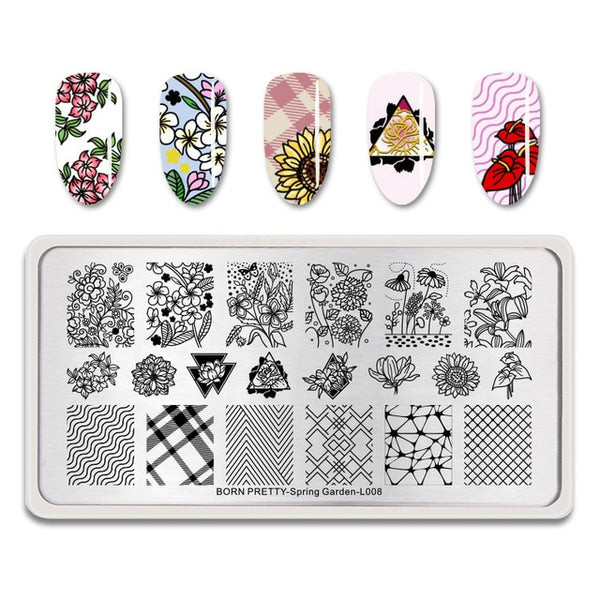 BORN PRETTY Spring Garden Series Stamping Plates Flowers Rectangle Stainless Steel Nail Stamp Image Template Nail Art DIY Design