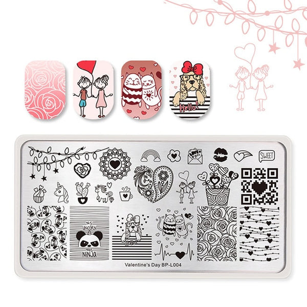 BORN PRETTY Valentine's Day Nail Stamping Plate Rose Flower Love Rectangle Template Nail Art Image Plate