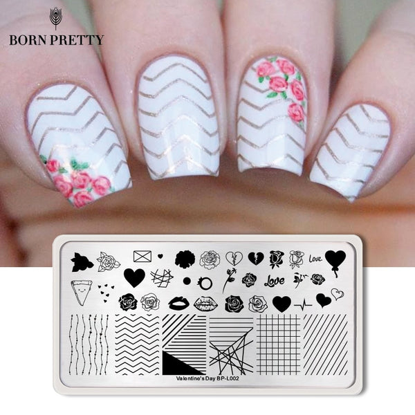 BORN PRETTY Valentine's Day Nail Stamping Plate Rose Flower Love Rectangle Template Nail Art Image Plate