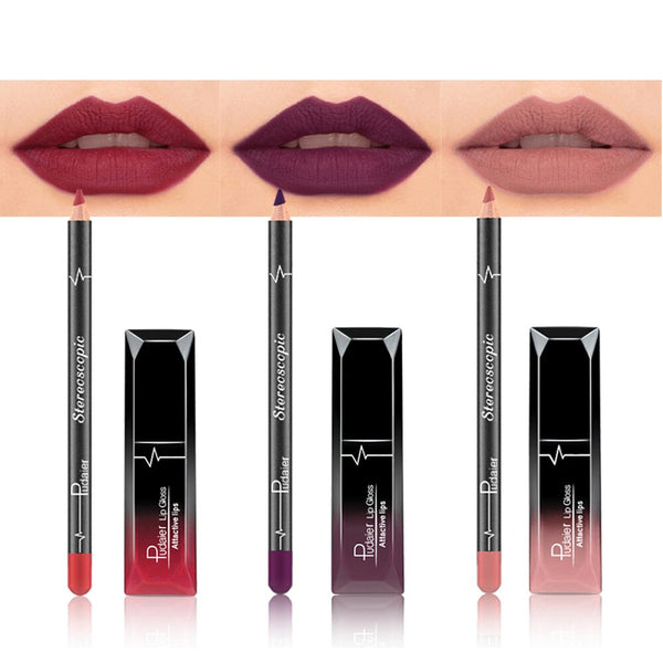 Hot Long Lasting Lip Gloss Liner Liquid Lipstick Waterproof Matte Liquid Gloss Lip Liner Cosmetics Set