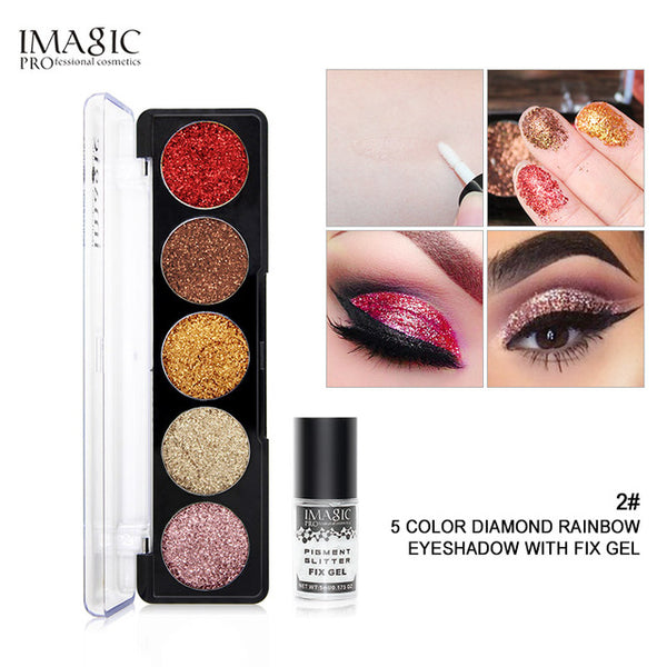IMAGIC Glitters Eyeshadow Cosmetic Pressed Eyeshadow Diamond Rainbow Make Up Pressed Glitters Eye shadow Palette 5 Color