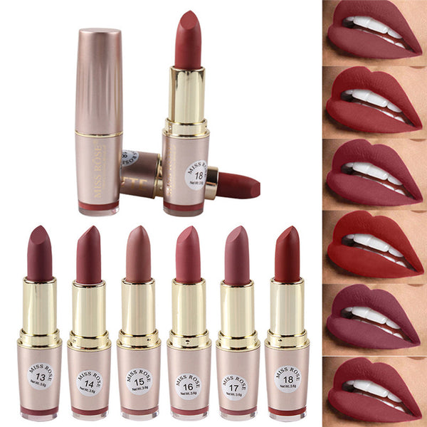 New 6 Colors MISS ROSE Lipstick Matte Waterproof Velvet Lip Stick Sexy Red Brown Pigments Makeup Matte Lipsticks Beauty Lips