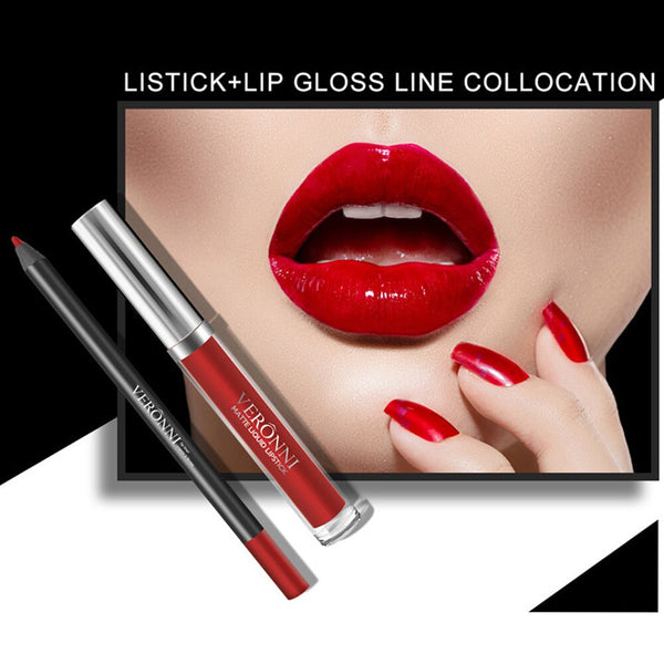 New Makeup Long Lasting Lipstick Lip Gloss Nutritious Waterproof Kissproof Matte Liquid Gloss Lip Liner Cosmetics Beauty Set