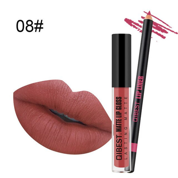 New Pro Fashion Lip Gloss Beauty Waterproof Matte Liquid Lipstick Long Lasting Lip Gloss Lipstick With Lip Liner Pen Set