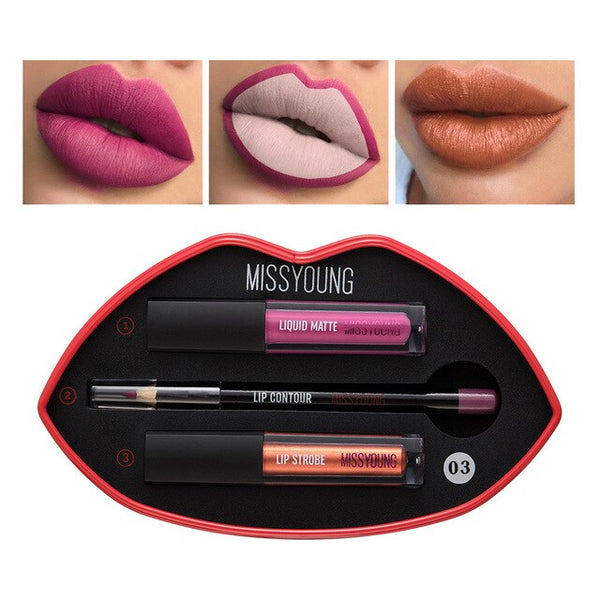 Women's Fashion Long Lasting Lipstick Waterproof Matte Liquid Gloss Lip Liner Beauty Cosmetics Set