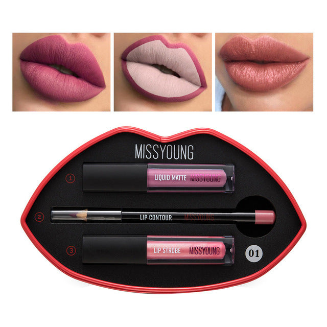 Women's Fashion Long Lasting Lipstick Waterproof Matte Liquid Gloss Lip Liner Beauty Cosmetics Set