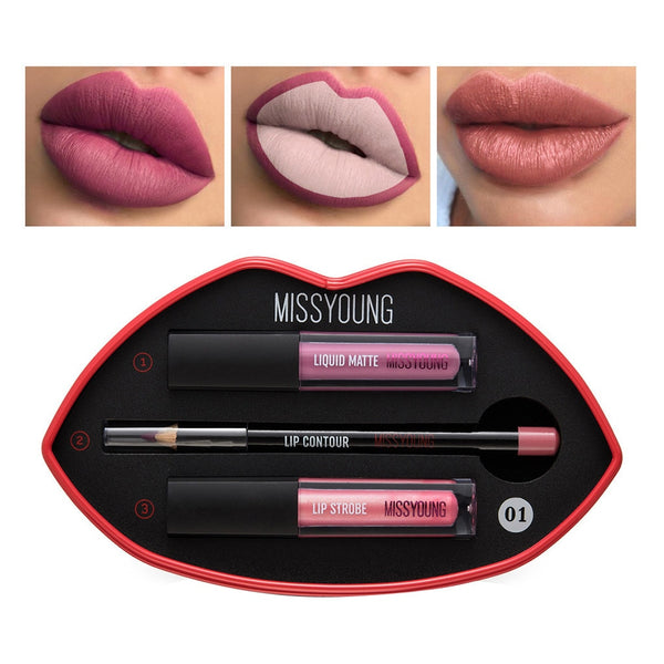 Women's Fashion Long Lasting Lipstick Waterproof Matte Liquid Gloss Lip Liner Beauty Cosmetics Set