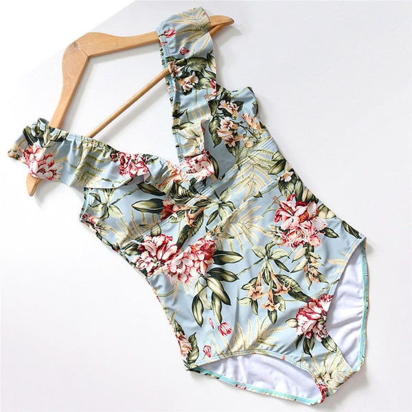 Sexy Female Retro V Neck Blue Striped Swimsuit One Piece