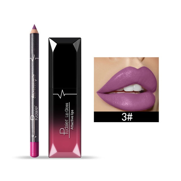 Lip Gloss Tint Liquid Matte Makeup with Lip Liners Pencil Rouge a Levre Mat