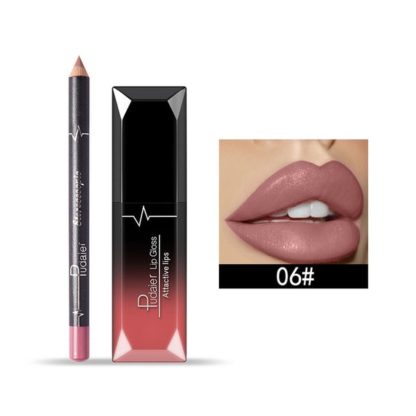 Lip Gloss Tint Liquid Matte Makeup with Lip Liners Pencil Rouge a Levre Mat