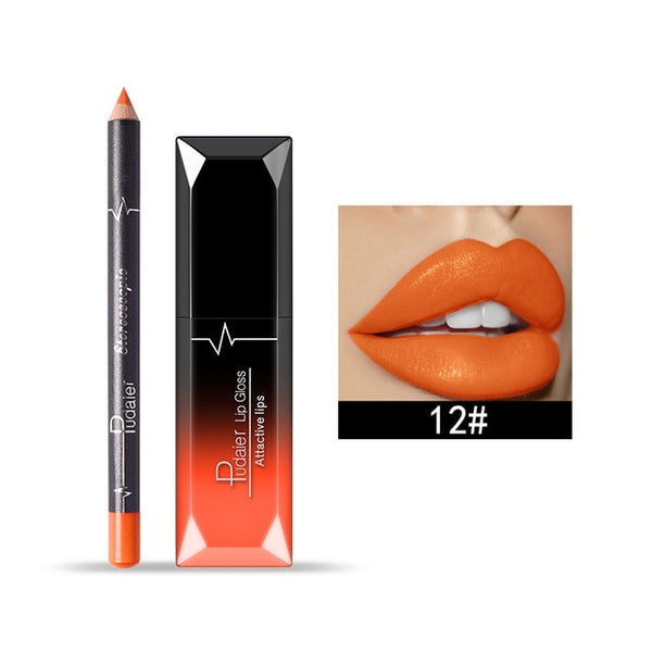 Lip Gloss Tint Liquid Matte Makeup with Lip Liners Pencil Rouge a Levre Mat
