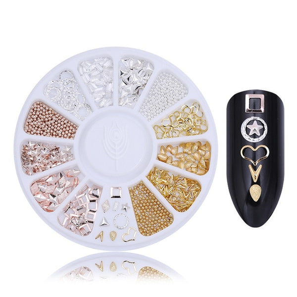 Rose Gold Rivet Nail Studs 3D Nail Art Decoration Gold Circle Star Round Square Mixed Accessories in Wheel for DIY
