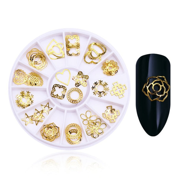 Rose Gold Rivet Nail Studs 3D Nail Art Decoration Gold Circle Star Round Square Mixed Accessories in Wheel for DIY