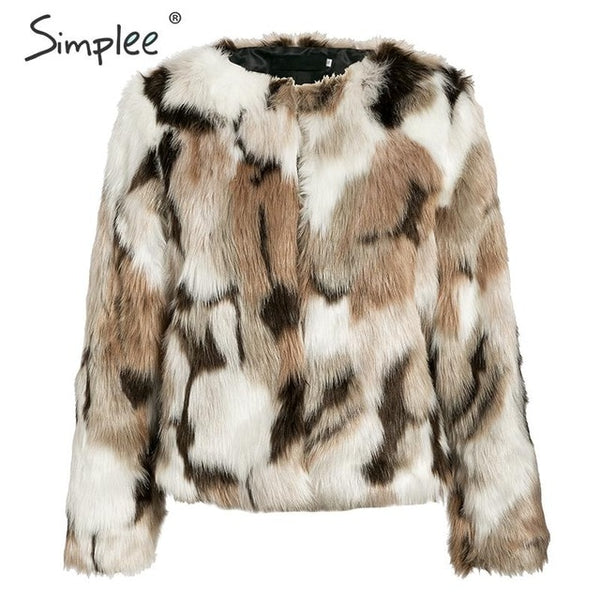 New winter fake fur V-neck buttons coats women