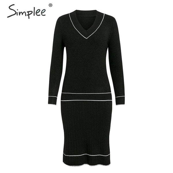 Simple Elegant two-piece women knitted dress V neck