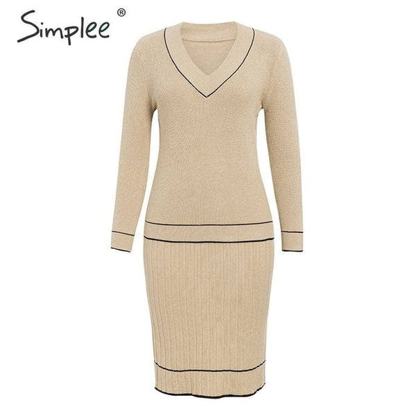 Simple Elegant two-piece women knitted dress V neck
