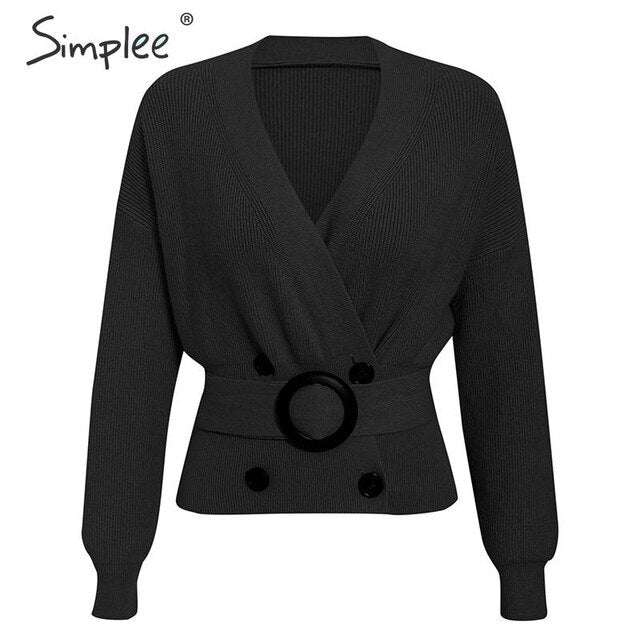 Simplee Elegant v-neck button sash women cardigan sweater Autumn winter female cardigan coat Casual ladies outwear jumper coat