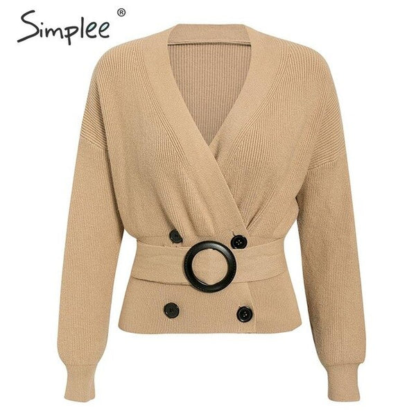 Simplee Elegant v-neck button sash women cardigan sweater Autumn winter female cardigan coat Casual ladies outwear jumper coat