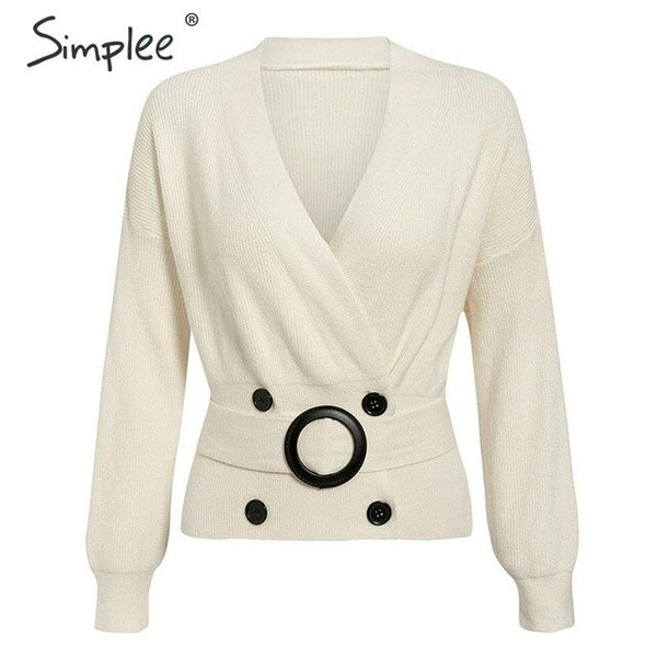 Simplee Elegant v-neck button sash women cardigan sweater Autumn winter female cardigan coat Casual ladies outwear jumper coat
