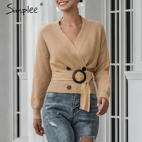 Simplee Elegant v-neck button sash women cardigan sweater Autumn winter female cardigan coat Casual ladies outwear jumper coat