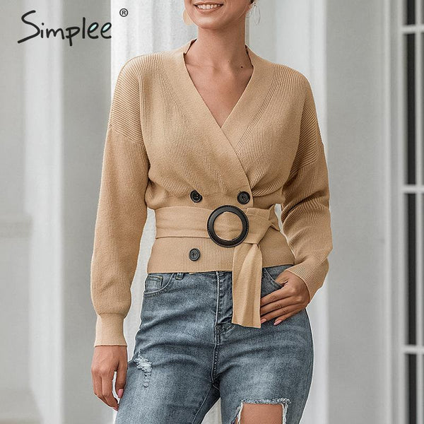 Simplee Elegant v-neck button sash women cardigan sweater Autumn winter female cardigan coat Casual ladies outwear jumper coat