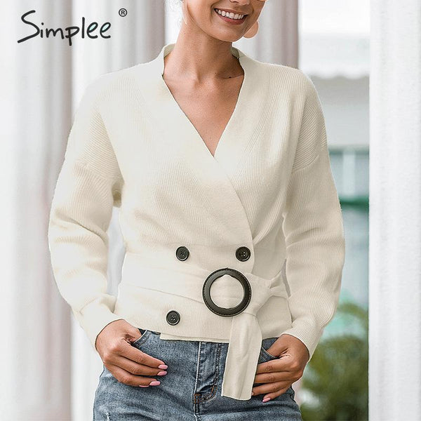 Simplee Elegant v-neck button sash women cardigan sweater Autumn winter female cardigan coat Casual ladies outwear jumper coat