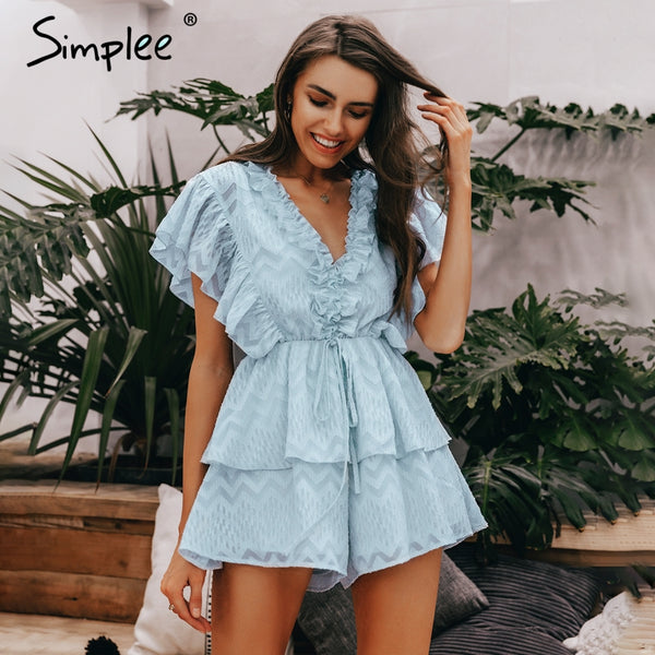 New v neck ruffled blue women romper