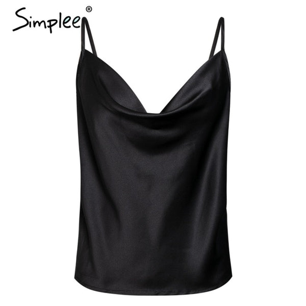 Sexy v neck black satin top women tank top