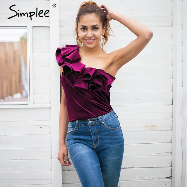 Velvet one shoulder ruffle blouse shirt Women