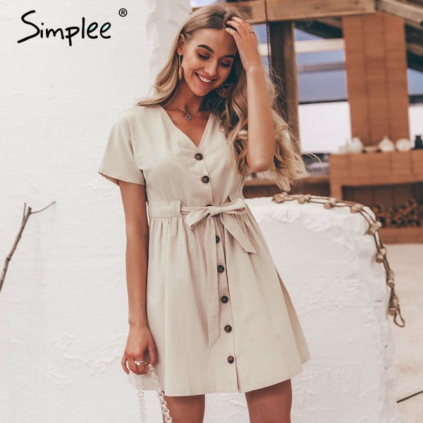 women dress shirt V neck short sleeve cotton linen short summer dresses Casual korean vestidos 2019 festa