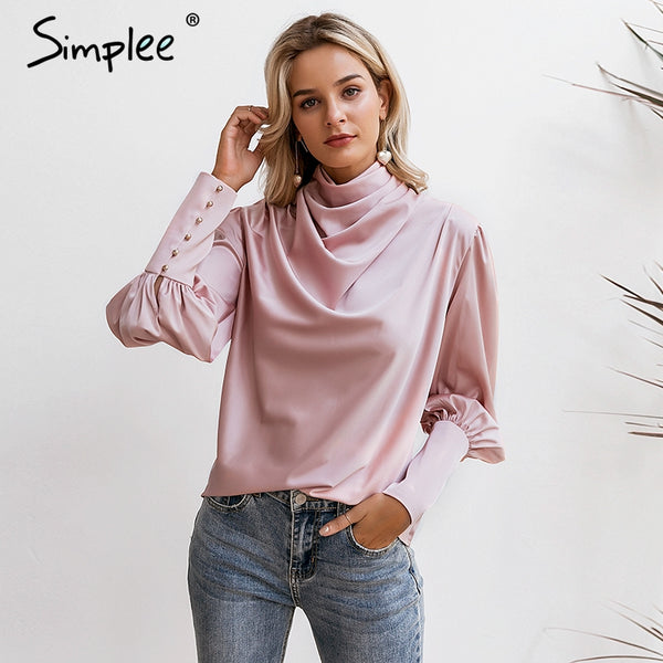 Vintage pink satin women blouse Turtle neck