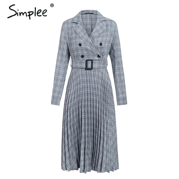 Vintage pleated belt plaid dress women