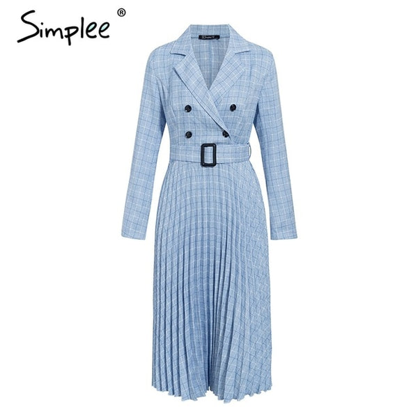 Vintage pleated belt plaid dress women