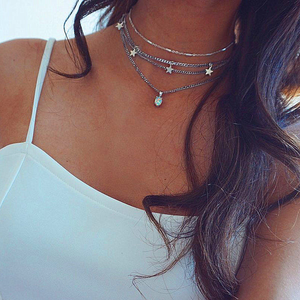 Women Fashion Clavicle Chain Silver Star Opal Pendant Necklace