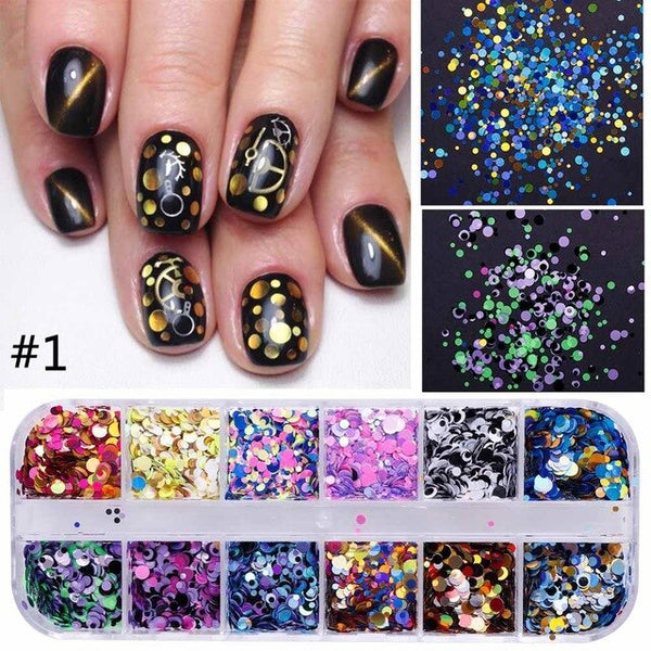 1 ensemble de paillettes d'ongle rondes de couleur mélangée Mini conseils éblouissants d'art des ongles vernis à ongles flocons 3D décorations de charme #287665-67