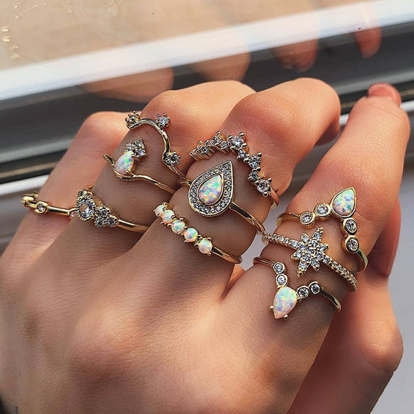 10 Pcs/set Bohemian Retro Water Drops Star Crown Crystal Gold Ring Women