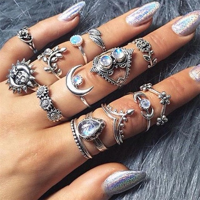 14 Pcs/set Women Ring Punk Charm Silver Ring Set