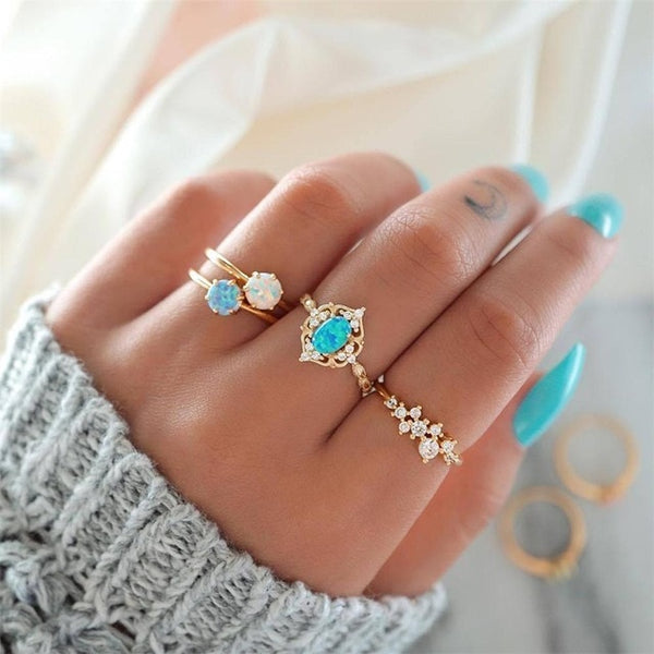 4 Pcs/set Women Simple Gems Geometric Crystal Leaves Golden Finger Ring Set Fashion