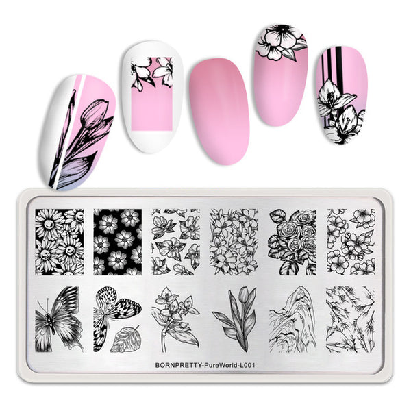 BORN PRETTY Rectangle Nail Stamping Plates Flower Butterfly Mixed Pattern Nail Art Image Design Tools Pure World L001