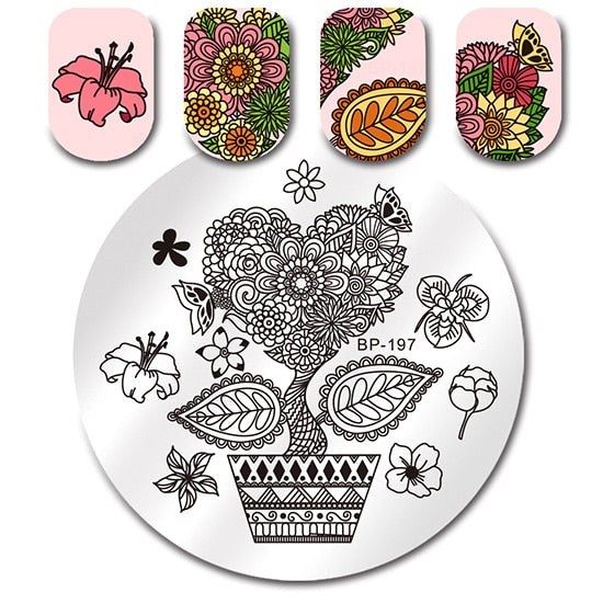 BORN PRETTY Round Nail Stamping Plate Geometry Catcher Feather Ballet Swan Dream Flower Manicure Nail Art Image Template